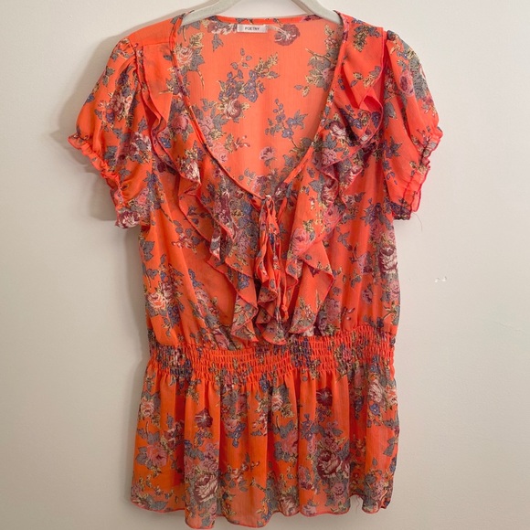 Poetry Tops - Poetry Orange Floral Ruffle Trim Blouse